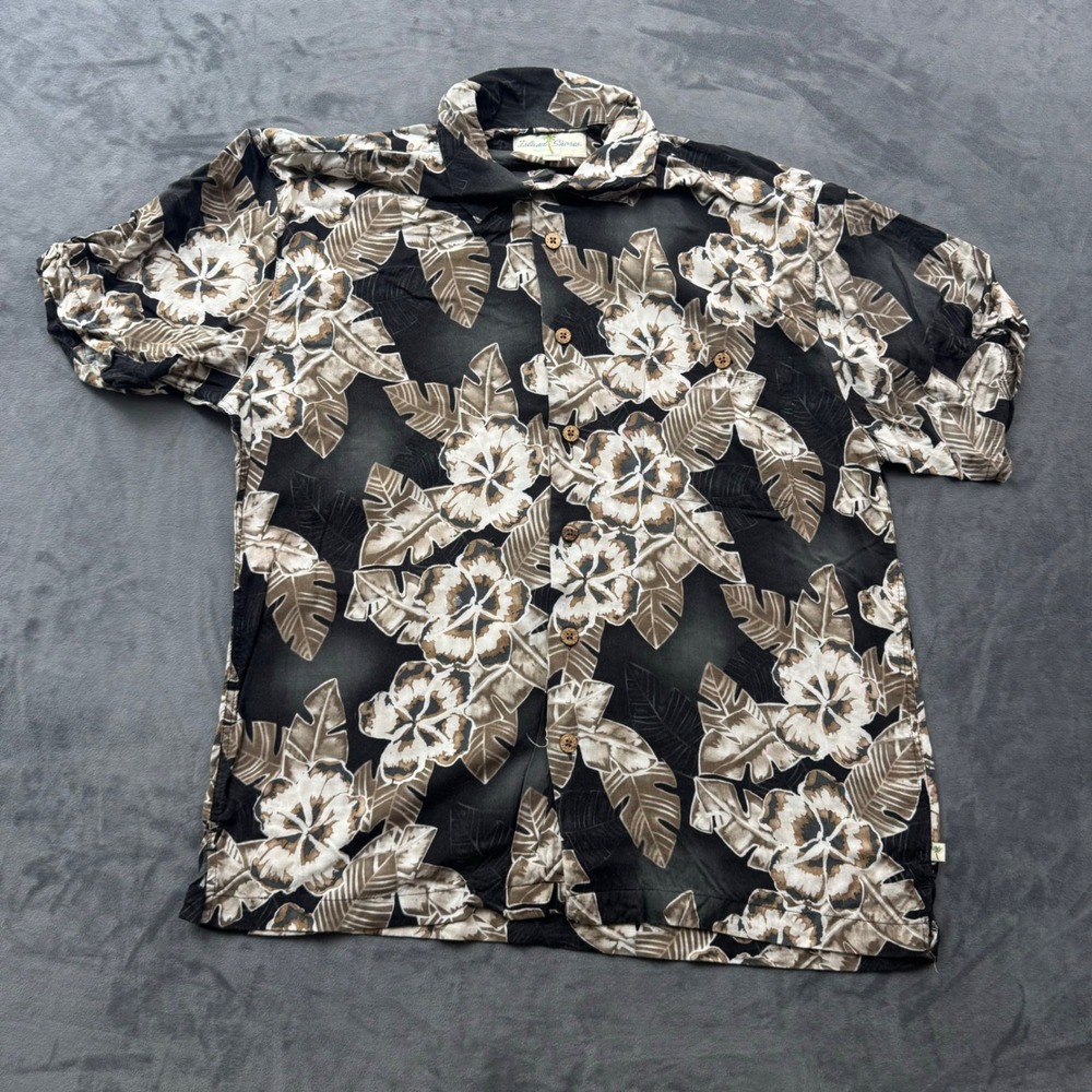 Island Shores Mens Large Black Tan Tropical Hibiscus Rayon Aloha Camp Shirt